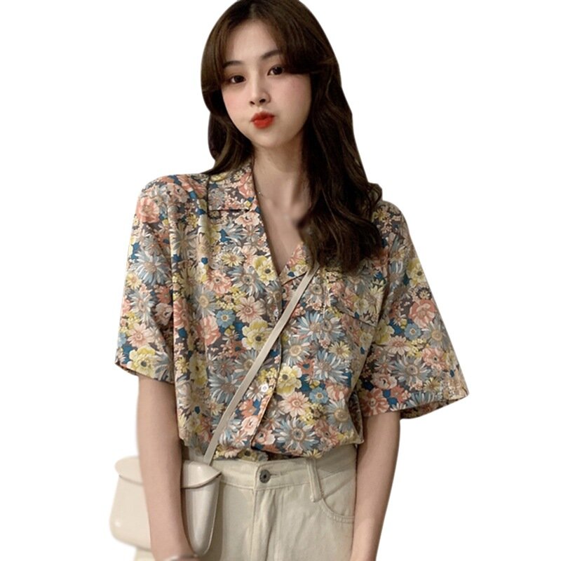 EFINNY camicette da donna camicia a maniche corte allentata Casual stile coreano camicetta in Chiffon estivo Blusa con stampa floreale