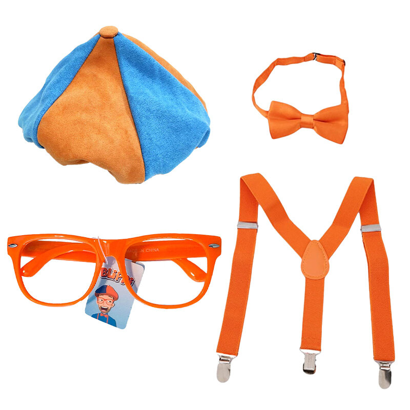 Blippi conjunto de trajes de jogo de papel das crianças adereços quatro peças conjunto laranja conjunto de presente de aniversário das crianças conjunto do menino