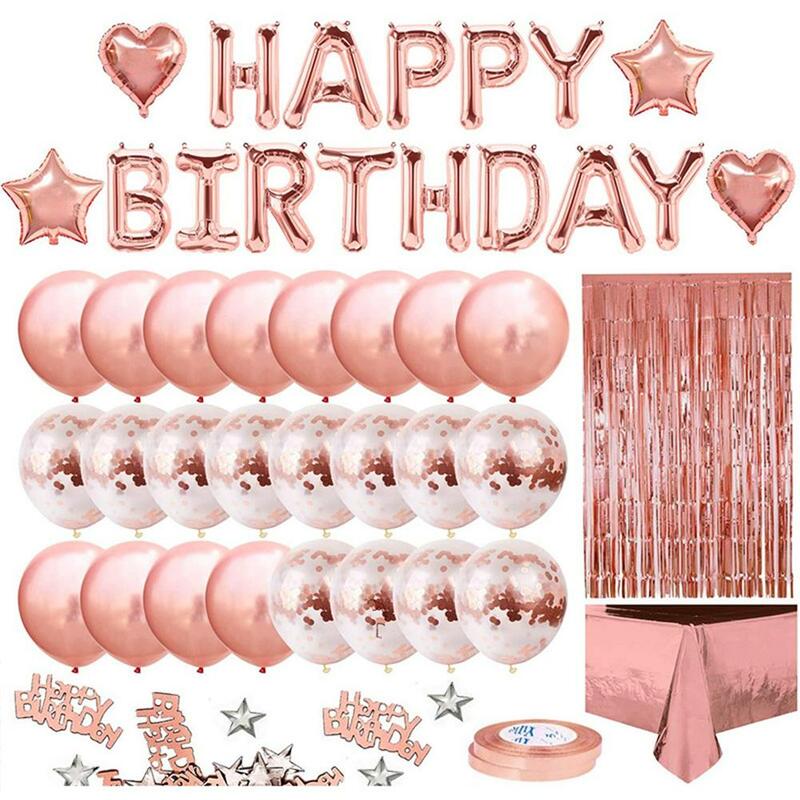 1 conjunto de balão de ouro rosa + 2 metros rosa ouro chuva toalha de mesa seda decoração conjunto festa aniversário suprimentos