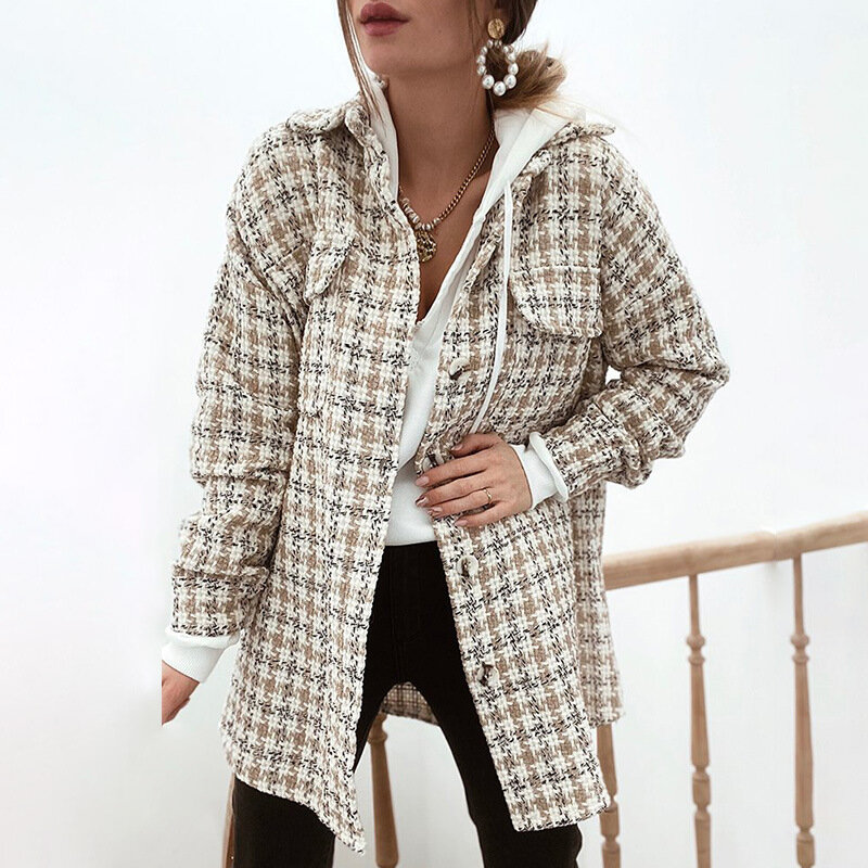 Manteau en laine à carreaux pour femmes, style européen et américain, manches longues, avec poches, nouvelle collection automne et hiver