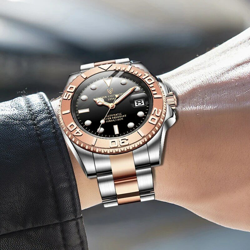 LIGE 남자 자동 기계식 시계 럭셔리 브랜드 비즈니스 텅스텐 스틸 방수 손목 시계, 남자 패션 시계