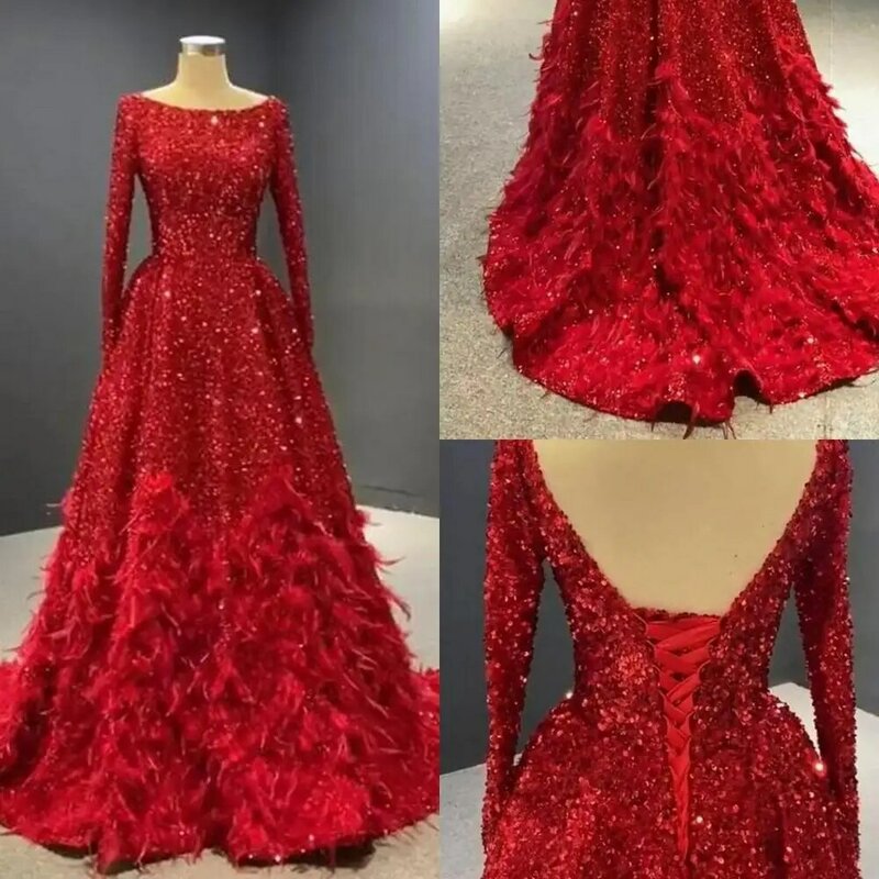 Charming red feather prom dresses arábia saudita lantejoulas bling mangas compridas uma linha vestidos de noite rendas até voltar robe de soire