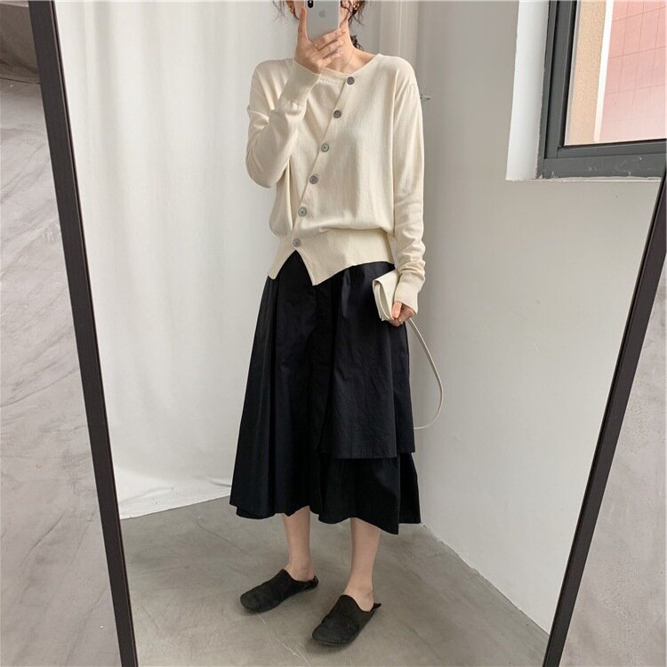 Simple Personality Oblique Placket Button Outerwear Cardigan Sweater Early Spring Versatile Loose Thin Knitted Coat for Women