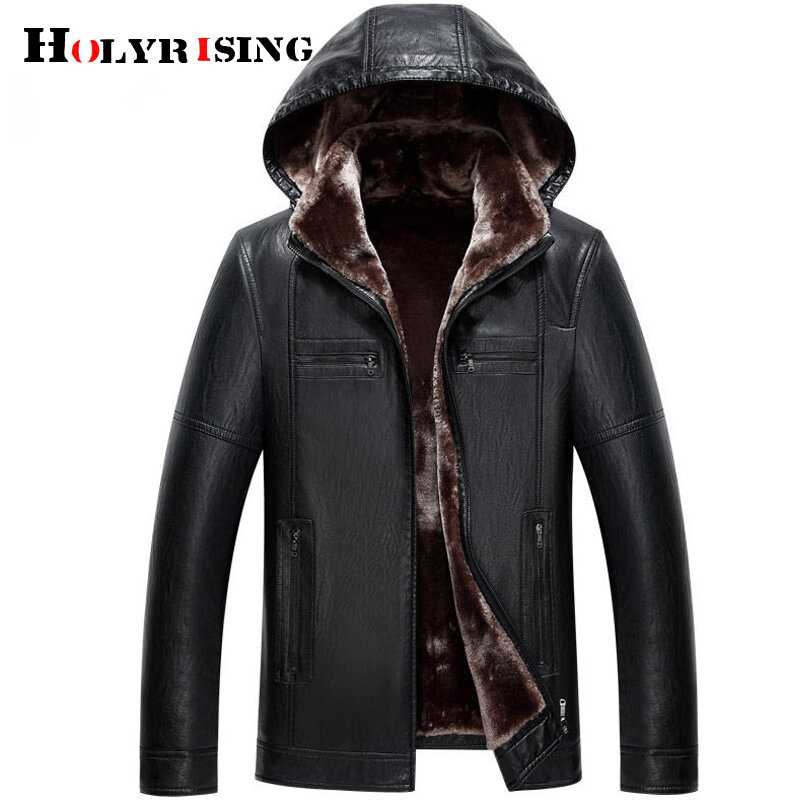 Holyrising jaqueta de couro masculina com capuz removível plus size veludo acolchoado jaqueta falsa masculina quente couro pu casacos 19066