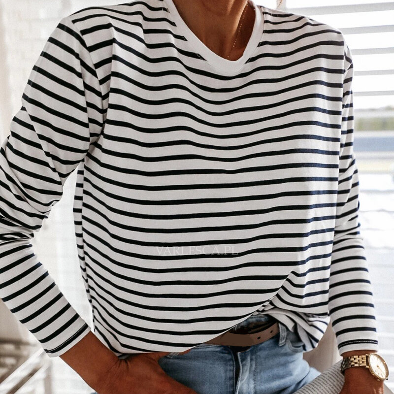 Camiseta informal a rayas blancas y negras para mujer, Jersey holgado de manga larga con cuello redondo, camisa coreana a la moda, 2021