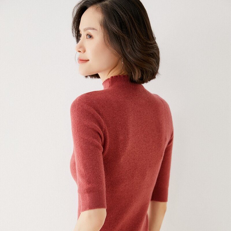 Suéter sin presión, lana ultrafina, Cuello medio alto fino para mujer, fondo de media manga, punto de gama alta para Otoño e Invierno