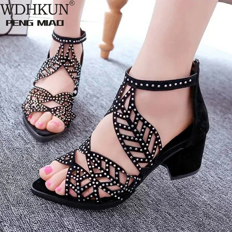 2020 New style Women Summer Hollow Out Faux Leather Rhinestones Thick Heel Zipper Sandals Shoes Eur 35-40