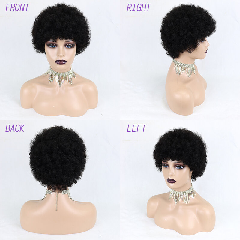 Pelucas de cabello humano brasileño para mujeres, pelo corto Afro rizado con corte Pixie, color negro Natural, venta a granel, hecho a máquina, barata