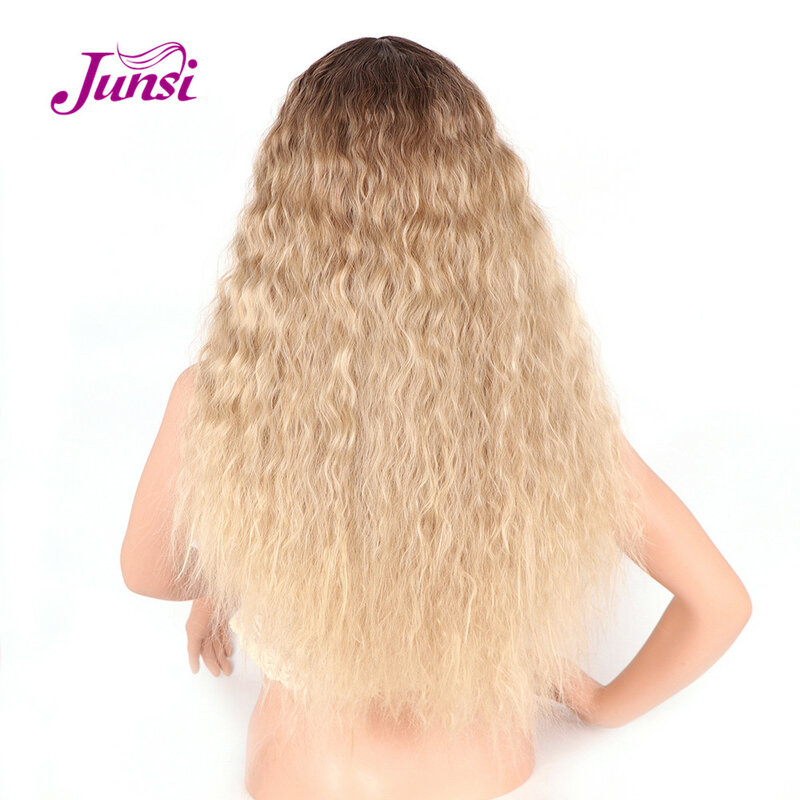Junsi 24 インチブロンドロング波状のかつらコスプレ合成女性のブラウングラデーション黄金色のかつら耐熱毛