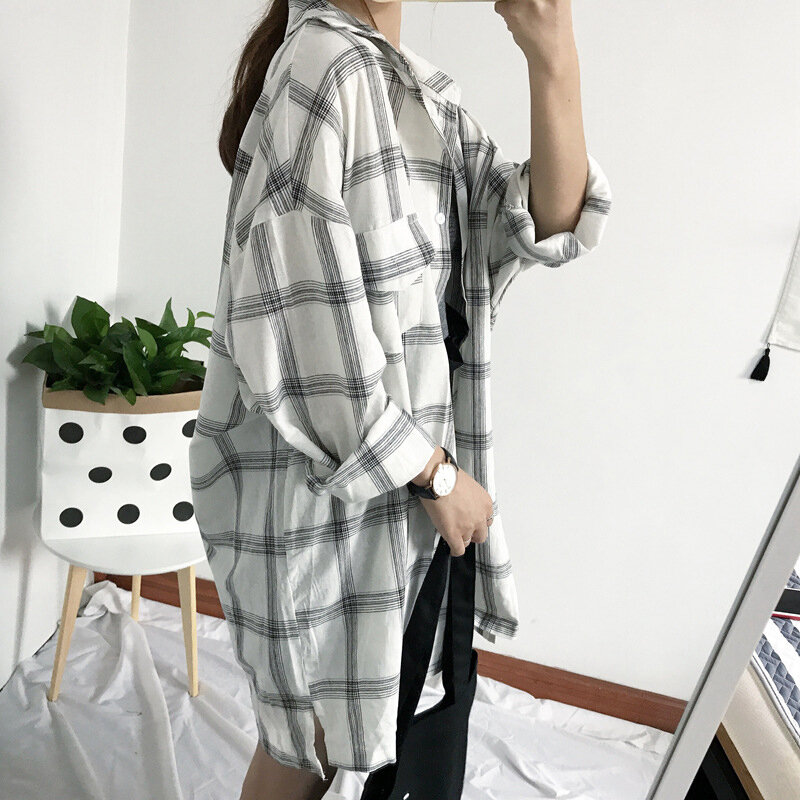 Camisa xadrez feminina, camisa larga de manga longa solta com lapela e bolso