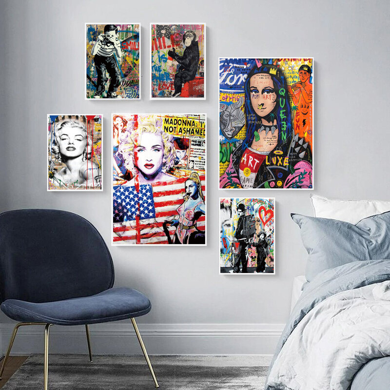 현대 거리 색상 낙서 벽화 뱅크시 패션 포스터, 캔버스 회화, 거실 복도, 홈 인테리어 벽화