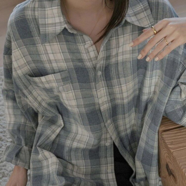 Женская хлопковая рубашка в клетку, свободная повседневная куртка в гонконгском стиле ретро на весну и осень, 2021