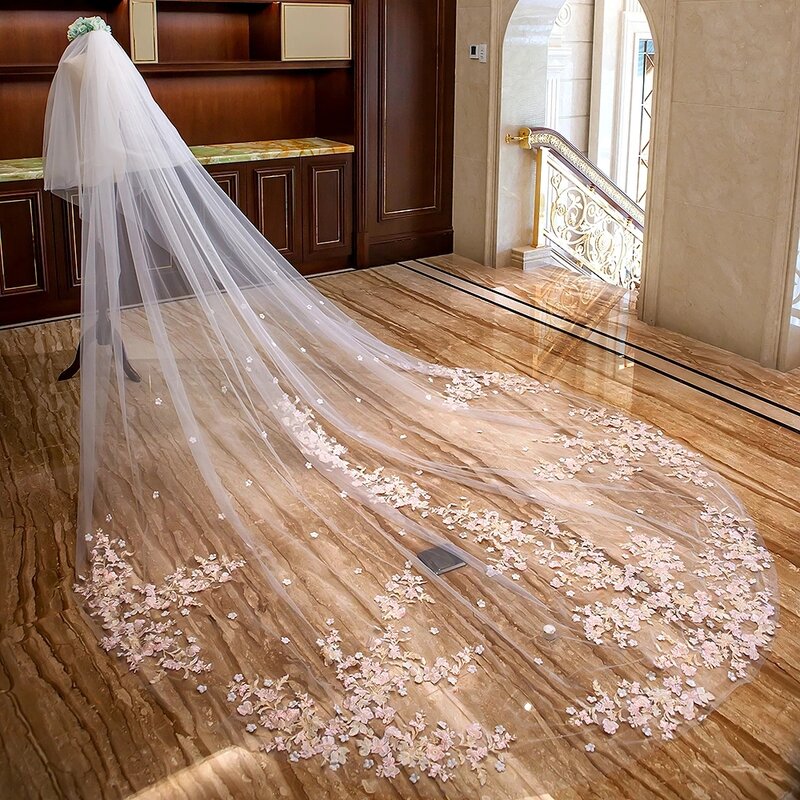 Véu de casamento com duas camadas em marfim branco, véu de noiva com flores cor de rosa, longa, com pente de metal, acessórios para casamento
