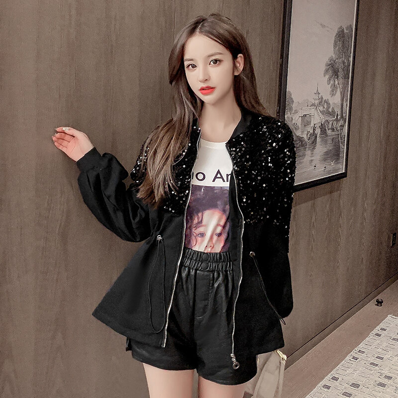 Fashionable new fashion brand autumn and winter new sequins thickened short windbreaker