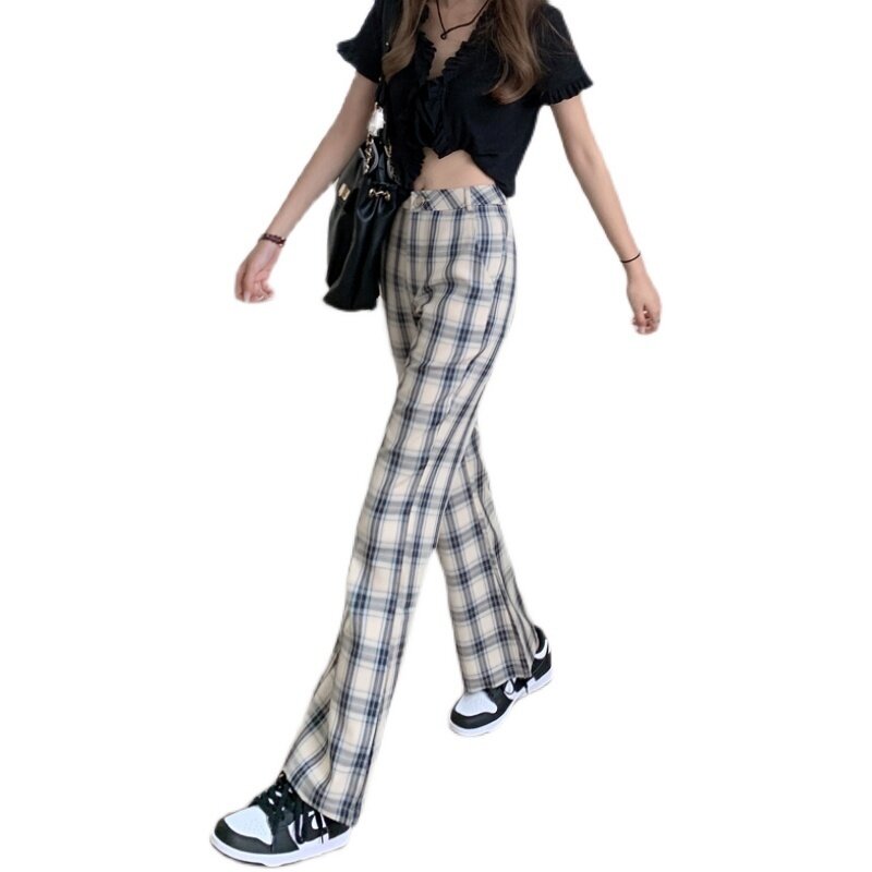 격자무늬 팬츠 하이 웨이스트 스트레이트 여성용, 실제 샷 비용 효율적인 봄 여름 신제품