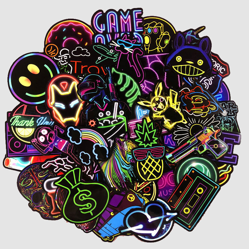 Autocollants Graffiti néon pour enfants, étiquette de guitare, valise de moto, bagages, DIY bricolage, 10/20/30 pièces