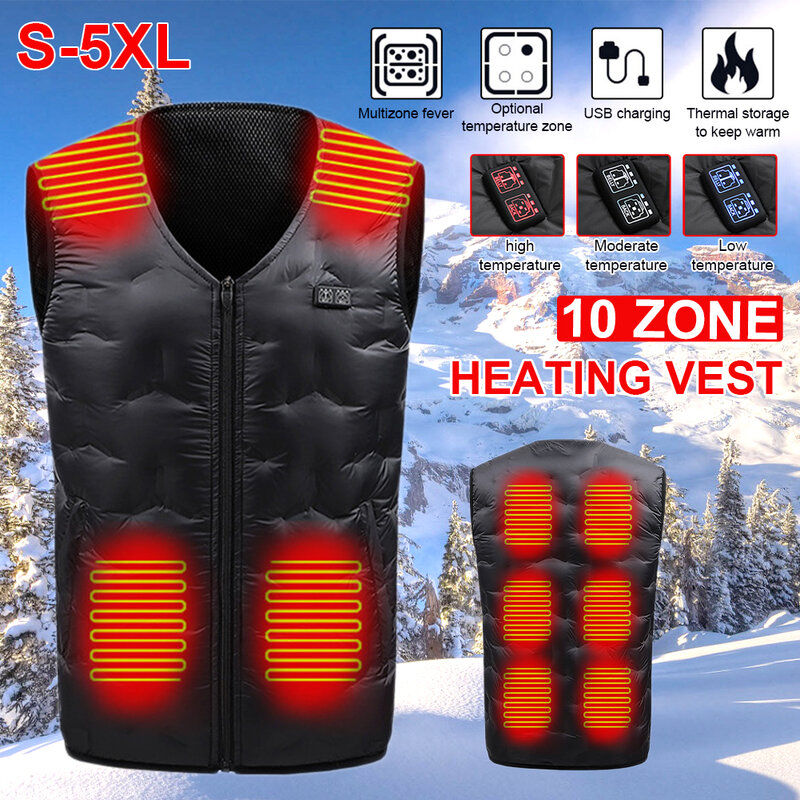 10 Zones Verwarmde Vest Dual Control Elektrische Thermische Verwarming Vest Unisex Winter V-hals Mouwloze Jas Zwart S- 5XL