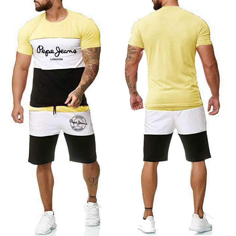 男性用の半袖トップスとパンツ,夏のカジュアルなストライプのストリートウェア,ボディービル用のTシャツとショーツ