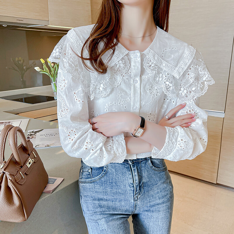 Camisa blanca de manga larga para mujer, blusa con bordado calado, Tops de encaje sólidos, 869J, 2021