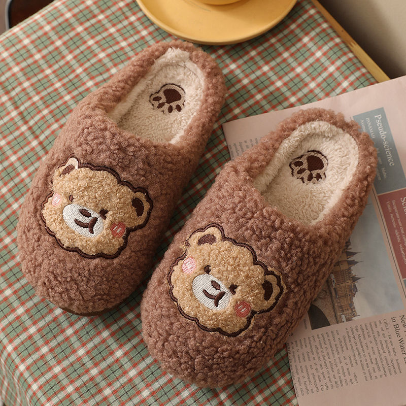 Симпатичные домашние тапочки с вышивкой медведя, женские модные зимние плюшевые тапочки для пар, женская теплая женская обувь