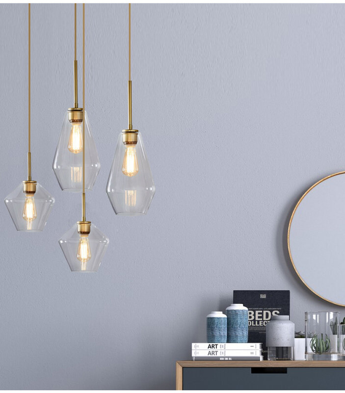 Pós-moderna luz pingente de vidro âmbar aço inoxidável forma diamante cozinha lâmpada pendurada loft hanglamp sala de estar luminária pendente