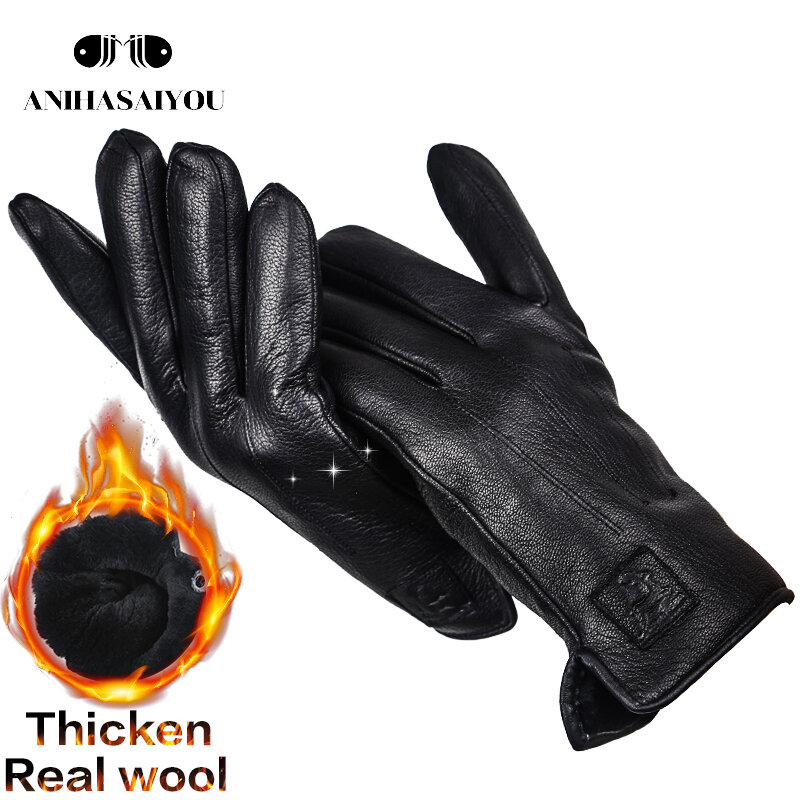 Men's Leather Gloves Winter Warm Sheepskin Gloves Velvet Thickened Thin  Leather Gloves Men Riding