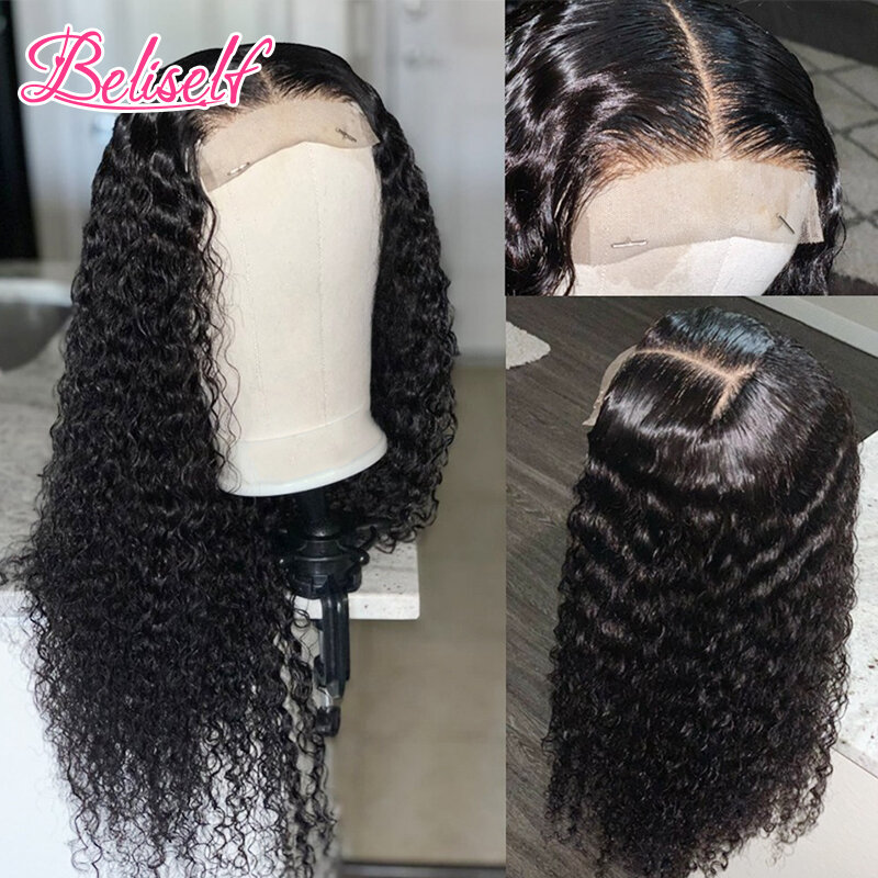 Beliself 30นิ้ว Curly Human Hair Deep Wave หน้าผาก Wigs สำหรับผู้หญิงสีดำบราซิล13X4เปียกและหยักน้ำคลื่นลูกไม้ด้านหน้าด...