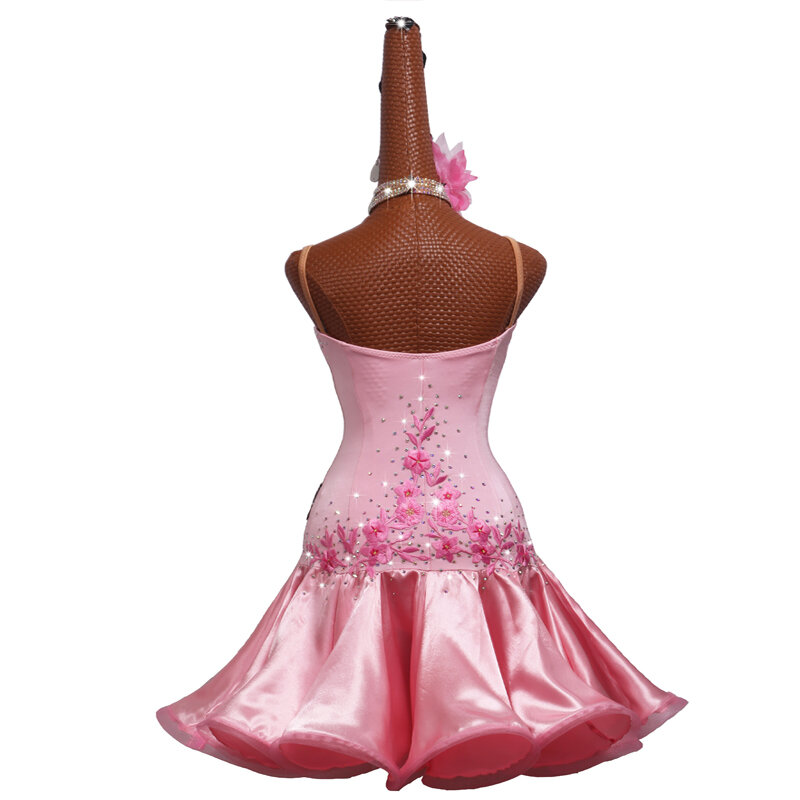 新ラテンダンスドレススカート競技ドレス装飾ラテンダンス衣装スカートピンク刺繍フィッシュボーンプリーツskirtes