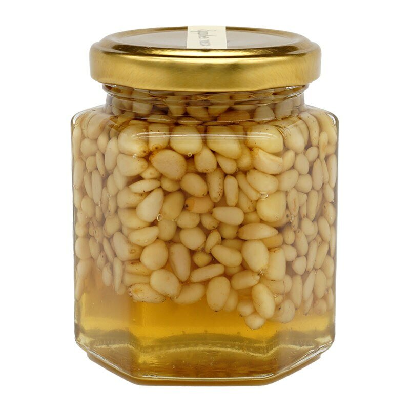 Flor natural de mel bashkir com nozes, cedro bashkir, mel com 230 gramas, vidro