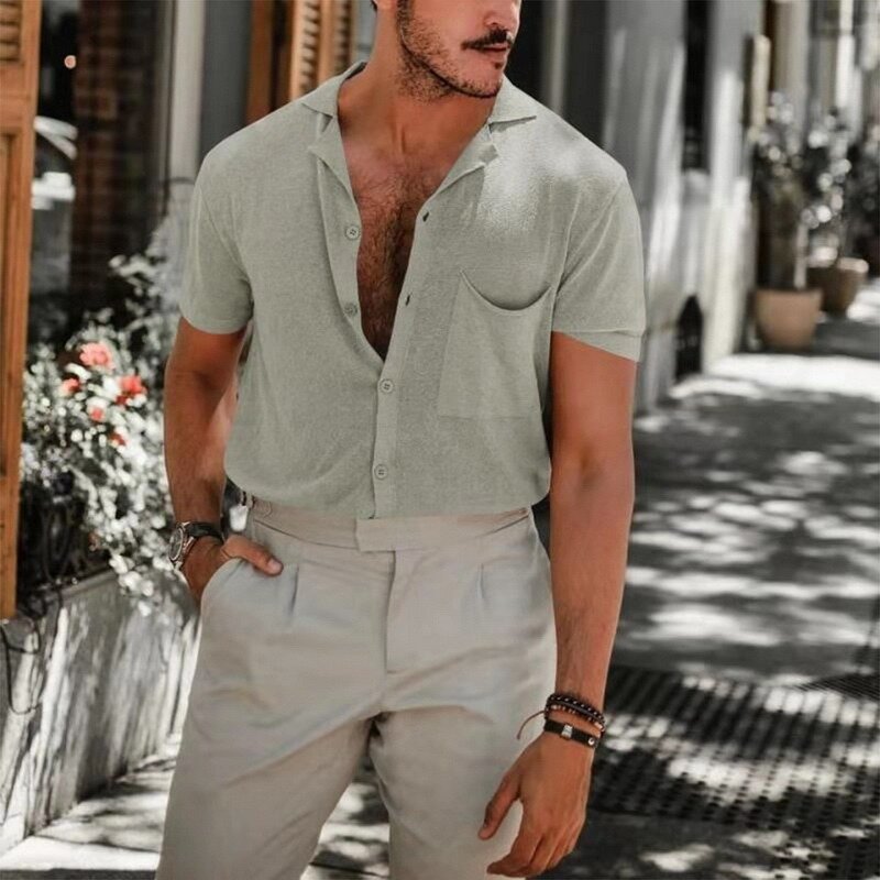 Camisa vintage de linho masculina, camisa casual de verão com manga curta, camisa de linho de cor sólida, camisa solta com gola e botão, chemise