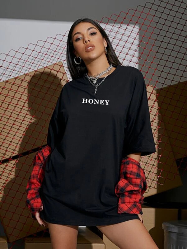 Miód nadrukowane litery letnia moda bawełna ciemny styl uliczny Harajuku Hipster fajne Grunge czarny Unisex kobiety Tee T-Shirt