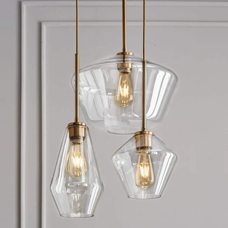 Post-modern Amber Glass Pendant Light Stainless Steel Diamond Shape Kitchen Hanging Lamp Loft Hanglamp Living Room Pendant Lamp