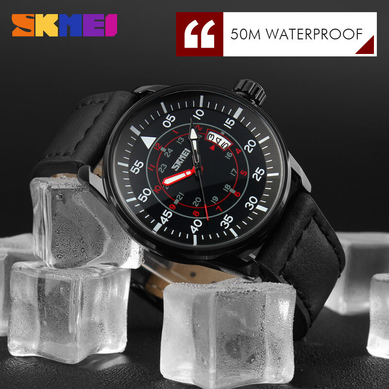 Skmei homens relógios de quartzo 50 m à prova dwaterproof água couro genuíno relógios de pulso homem moda casual relógio relogio masculino 9113