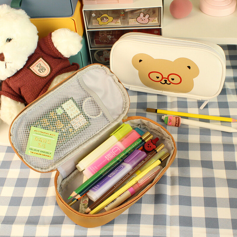 Kawaii Bear PU Leather Pencil Case Large Capacity Pen Bag Stationery Cosmetic Makeup Bags for Kids Student School Supplies