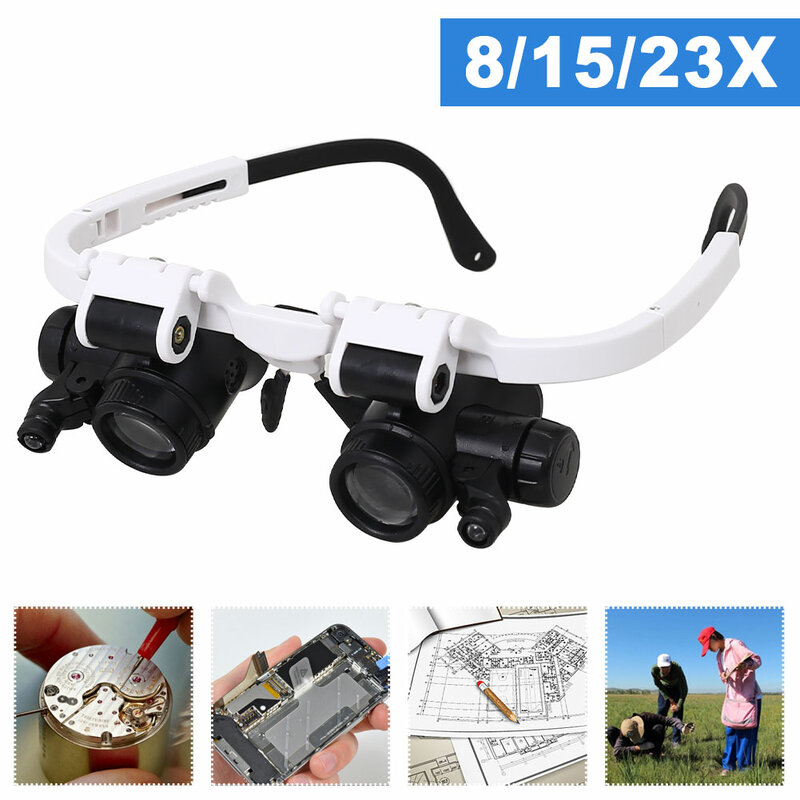 Gafas de aumento retráctiles para mantenimiento de relojes, lentes de aumento de ojos dobles con luz LED, montados en la cabeza, 8X/15X/23X