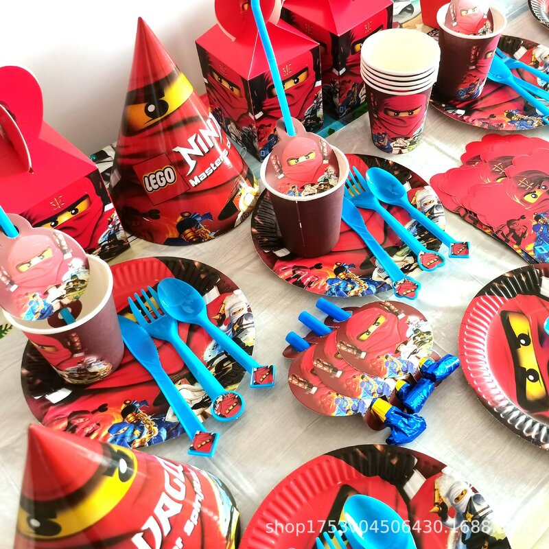 Legao 닌자고 아이 생일 파티 장식 컵 접시 냅킨 축제 파티 용품, 파티 배너 일회용 식탁보