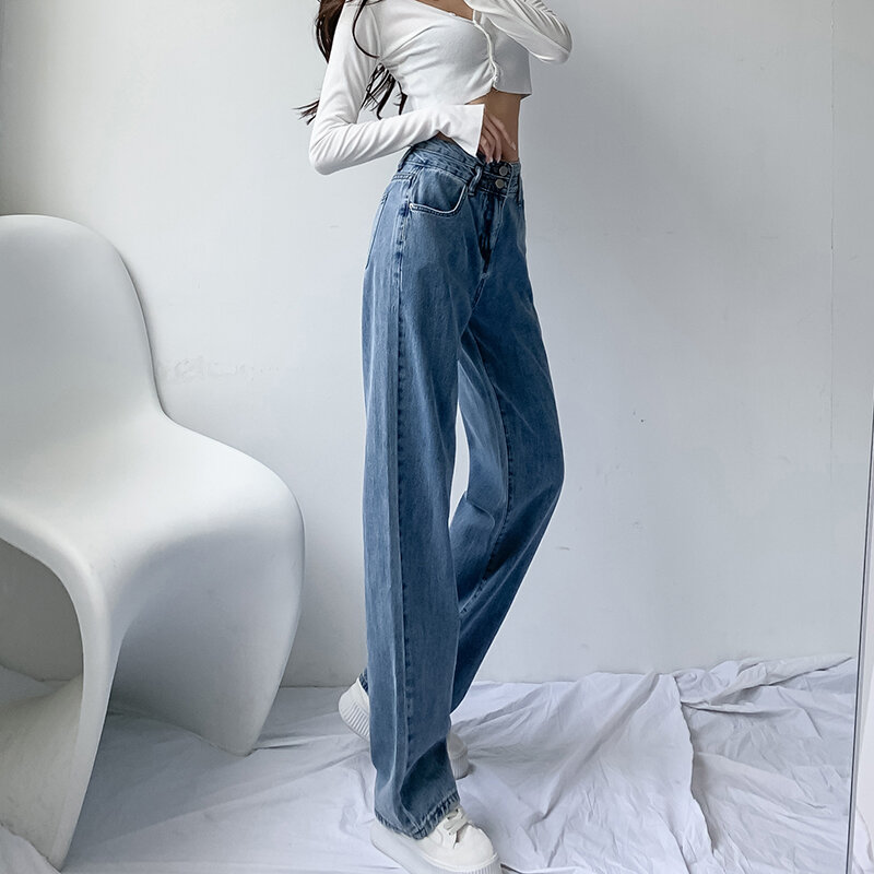بنطلون جينز نسائي عالي الخصر من Streetwear جينز نسائي كوري أنيق للخريف بنطلون جينز نسائي طويل غير رسمي طويل بأرجل واسعة 2021