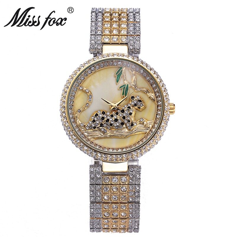 Miss raposa relógio de luxo mulher strass à prova dbu água bu relogio feminino dourado leopardo aço inoxidável cheio diamante horloge dames