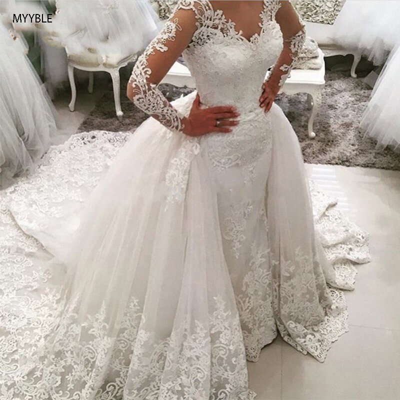 MYYBLE 2022 Luxus Spitze Langarm Meerjungfrau Hochzeit Kleid mit Abnehmbaren Rock Backless Gericht Zug Saudi-arabien Braut Hochzeit