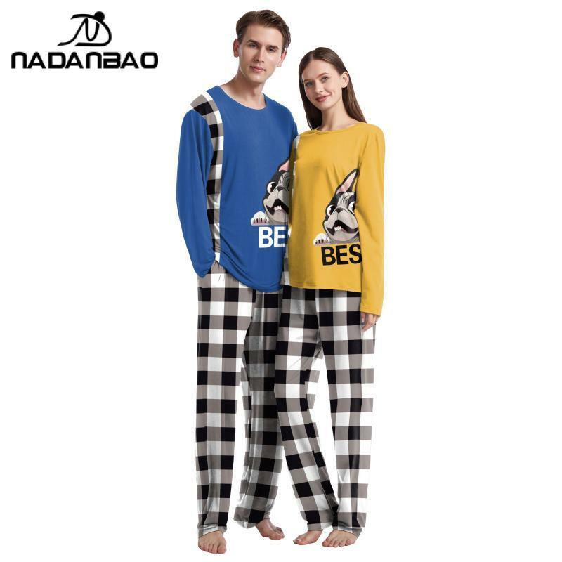 Nadanbao mulher/homem manga comprida pijamas 2 pçs define pijamas família pijamas terno feminino sono dos desenhos animados loungewear casa