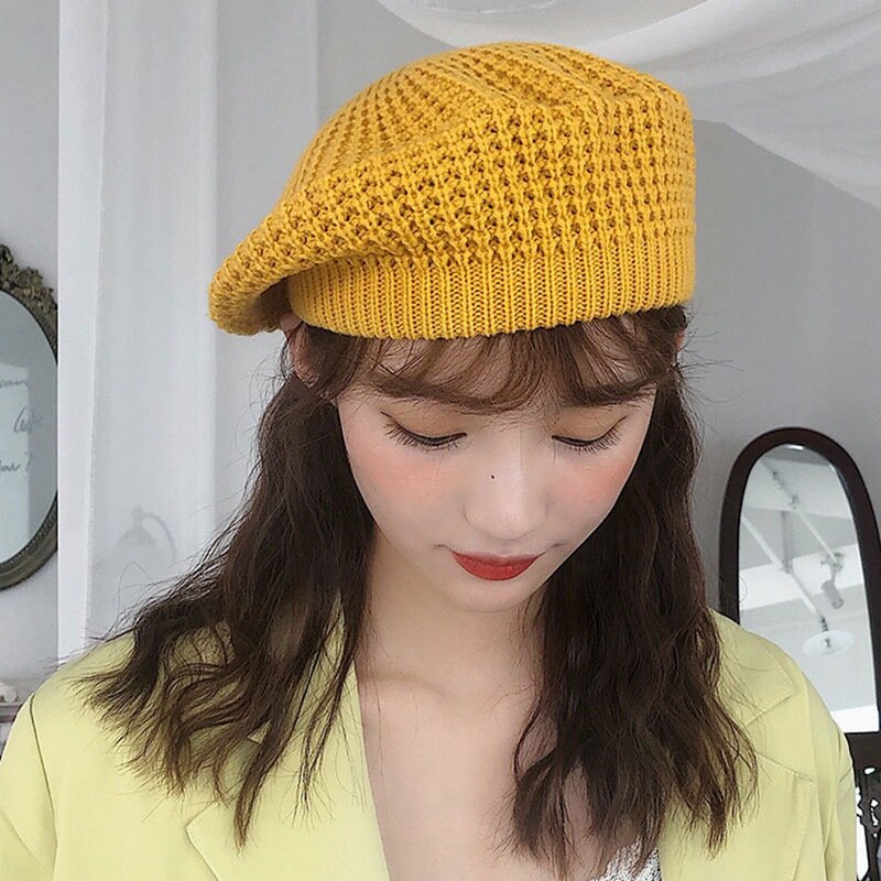 Вязаный берет в японском стиле для женщин, милая японская мягкая шапка в британском стиле, черная, зеленая, желтая, осенне-зимняя