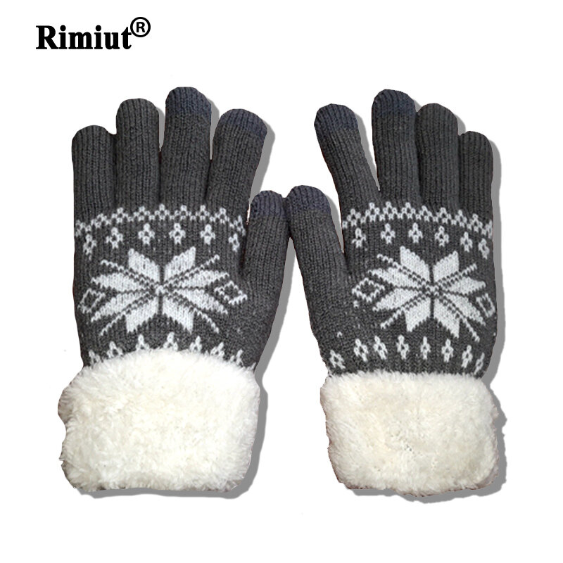 Rimiut gruby kaszmir dwuwarstwowy zimowy rękawiczki dla kobiet śnieżynka dzianinowy wzór pełny palec narciarstwo i rękawica do ekranów dotykowych