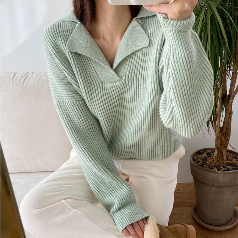 Pulôver feminino blusas casual manga comprida pulôver camisola de lapela de malha solta camisola de grandes dimensões