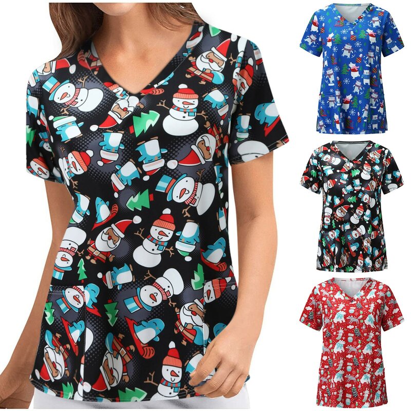 Printed Women Nursing Scrubs Tops T Shirt Casual Nurses Tunic Uniform Clinic Tee V-Neck Pocket Protective Women Clothing Tops