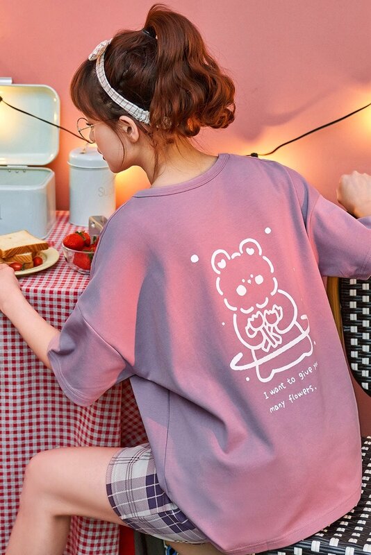 Pijamas de algodón puro de manga corta para mujer, traje de oso dulce y encantador, ropa de casa, nuevo estilo, 2021