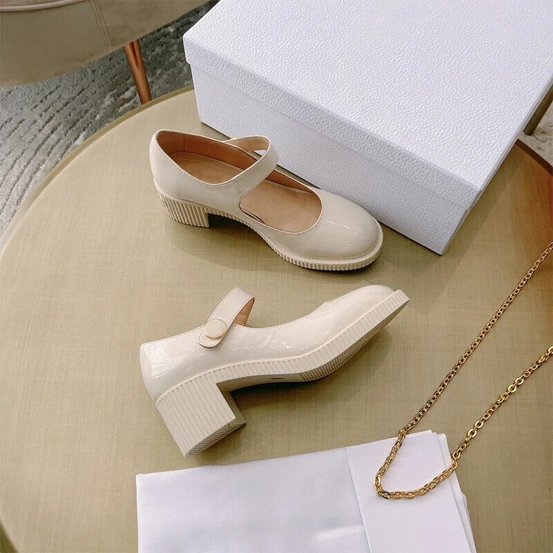 Zapatos Mary Jane de lujo para mujer, zapatos de plataforma de punta redonda Retro, tacón grueso, zapatos de cuero pequeños, pasarela, novedad de 2021