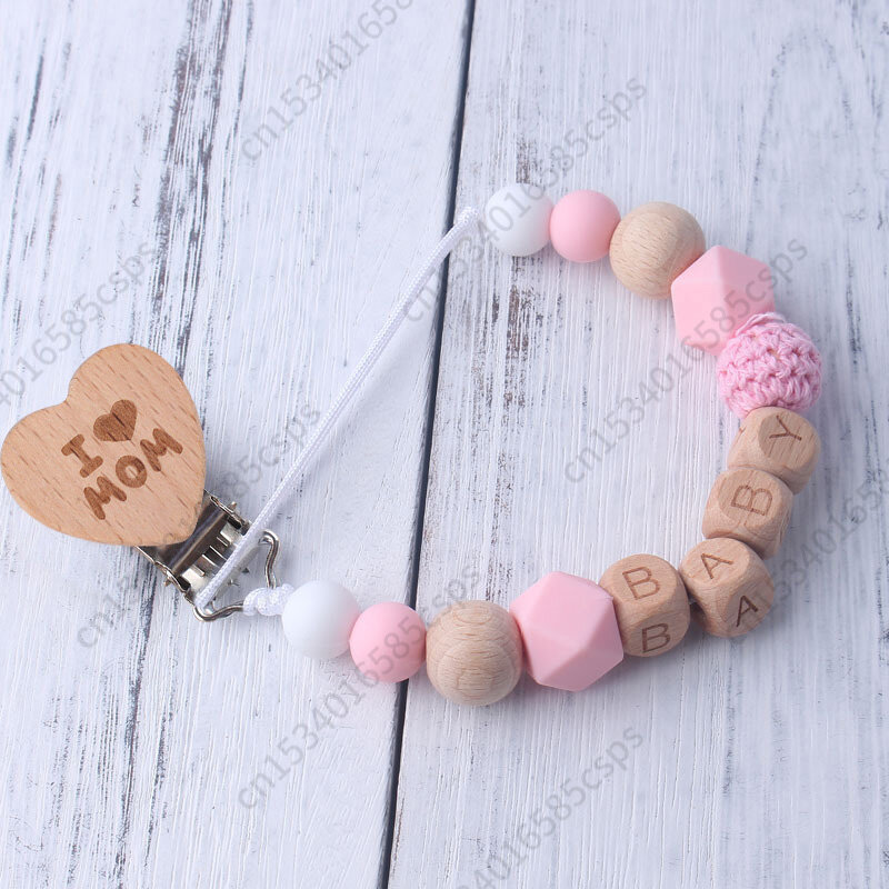 Chupete de madera para bebé, cadena de chupete con nombre personalizado, soporte para dentición, chupete, juguete para masticar