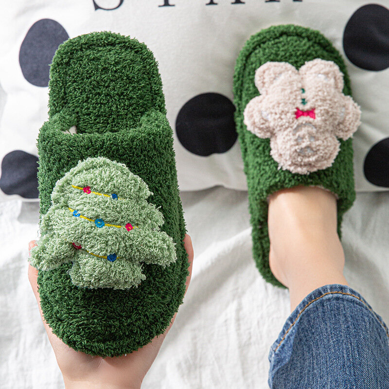 Elk Christmas Furry Slippers Cotton Slippers Cartoon Christmas Cute Plush Home Indoor Warm Cotton Slipper Furry Slides For Women