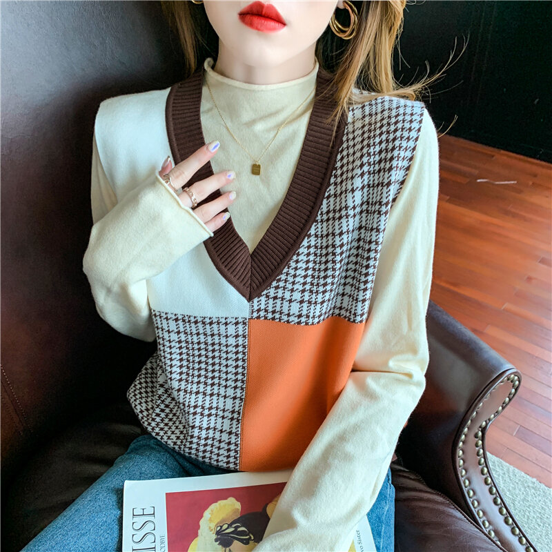 Autumn Winter 2021 New V-neck lattice Head Contrast color Splicing vest Women Knitted Vest Sleeveless Sweater Pullover Tops 615F