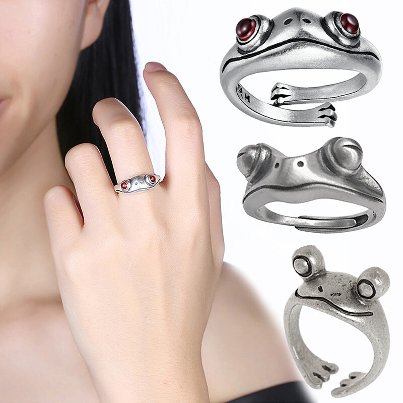 Vintage Frog แหวนศิลปะ Retro เปิดปรับขนาดได้ Unisex หญิงวงแหวนเงินสีของขวัญ